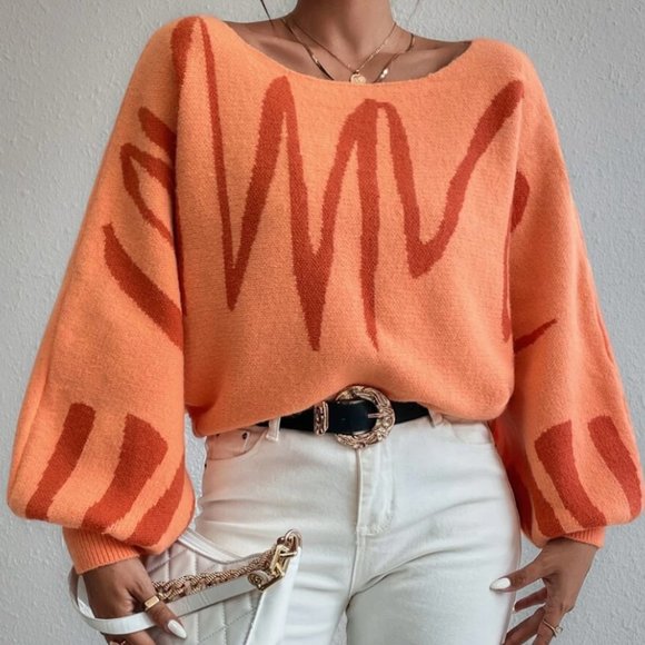 Tops - Graphic Pattern Lantern Sleeve Sweater